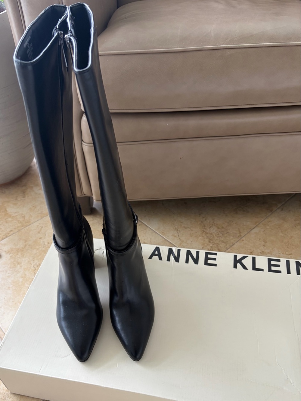 Anne Klein Black Block-Heel Boots with Ankle Strap